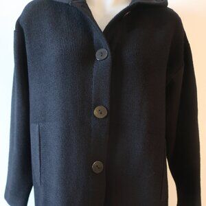 Womens Barbara Wells Studio Black Merino Wool Viscose Hooded Cardigan Sweater L